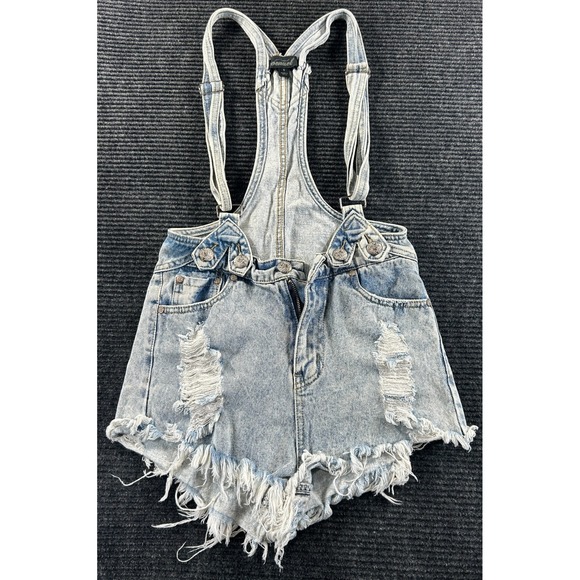 Evenuel Pants - Evenuel Shortalls Women Small Blue Denim Cotton Frayed Hem Distressed Wide Strap